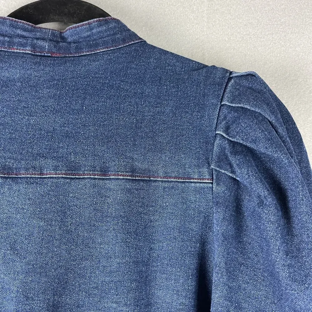 Aaron & Amber Denim Top Womens Large Blue Puff Sleeve Tie Neck Snap Button Heavy - Picture 14 of 16